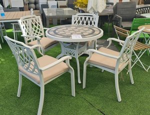 סט שולחן עגול + 4 כסאות אלומיניום יצוק צבע לבן \ ברונזה דגם פאגסה סט שולחן עגול + 4 כסאות אלומיניום יצוק צבע לבן \ ברונזה דגם פאגסה