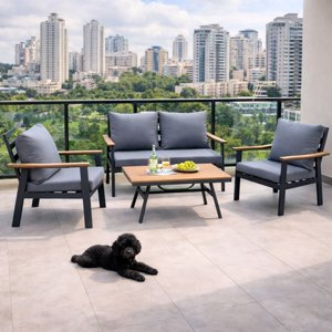 מערכת ישיבה לגינה ולמרפסת אלומיניום 4 חלקים דו מושבית דגם שנחאי צבע אפור כהה מערכת ישיבה לגינה ולמרפסת אלומיניום 4 חלקים דו מושבית דגם שנחאי צבע אפור כהה